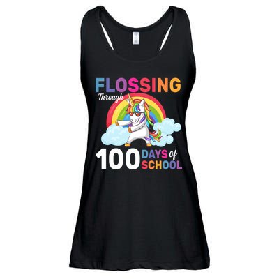Flossing Unicorn Through 100 days Of School Ladies Essential Flowy Tank