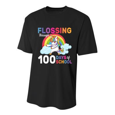 Flossing Unicorn Through 100 days Of School Youth Performance Sprint T-Shirt