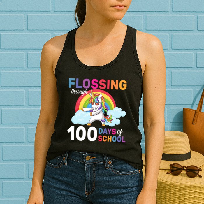 Flossing Unicorn Through 100 days Of School Womens Tank Top