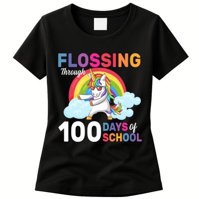 Flossing Unicorn Through 100 days Of School Womens T-Shirt