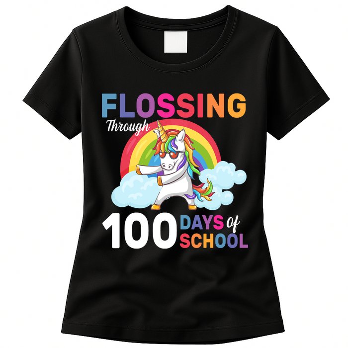 Flossing Unicorn Through 100 days Of School Womens T-Shirt