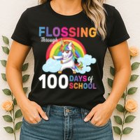 Flossing Unicorn Through 100 days Of School Womens T-Shirt