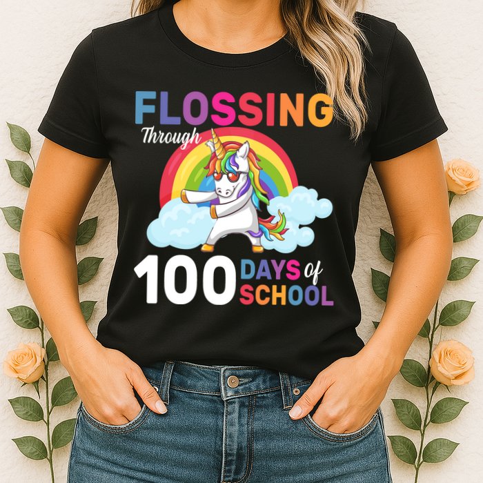 Flossing Unicorn Through 100 days Of School Womens T-Shirt