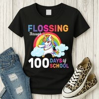 Flossing Unicorn Through 100 days Of School Womens T-Shirt