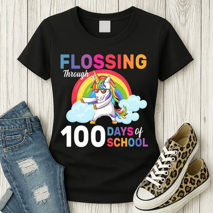 Flossing Unicorn Through 100 days Of School Womens T-Shirt