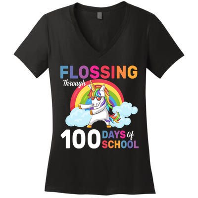 Flossing Unicorn Through 100 days Of School Women's V-Neck T-Shirt