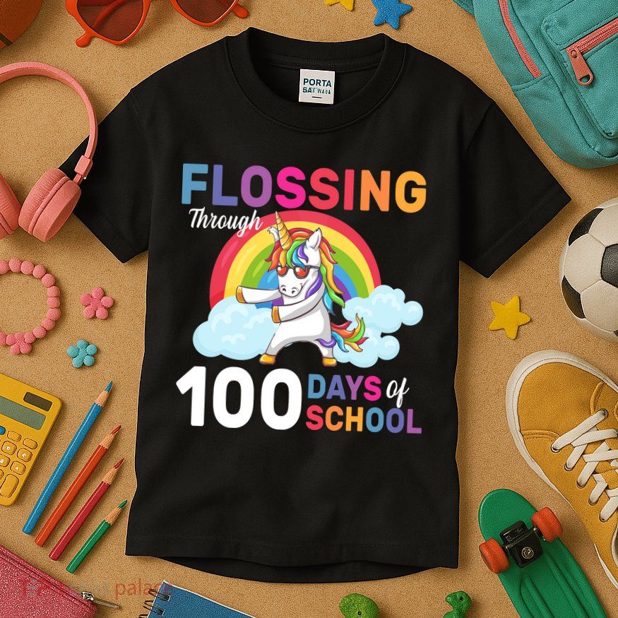 Flossing Unicorn Through 100 days Of School Kids T-Shirt