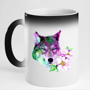 Flower Colorful Wilderness Wolf 11oz Black Color Changing Mug