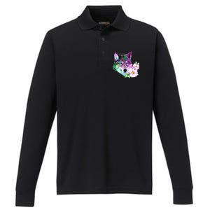 Flower Colorful Wilderness Wolf Performance Long Sleeve Polo