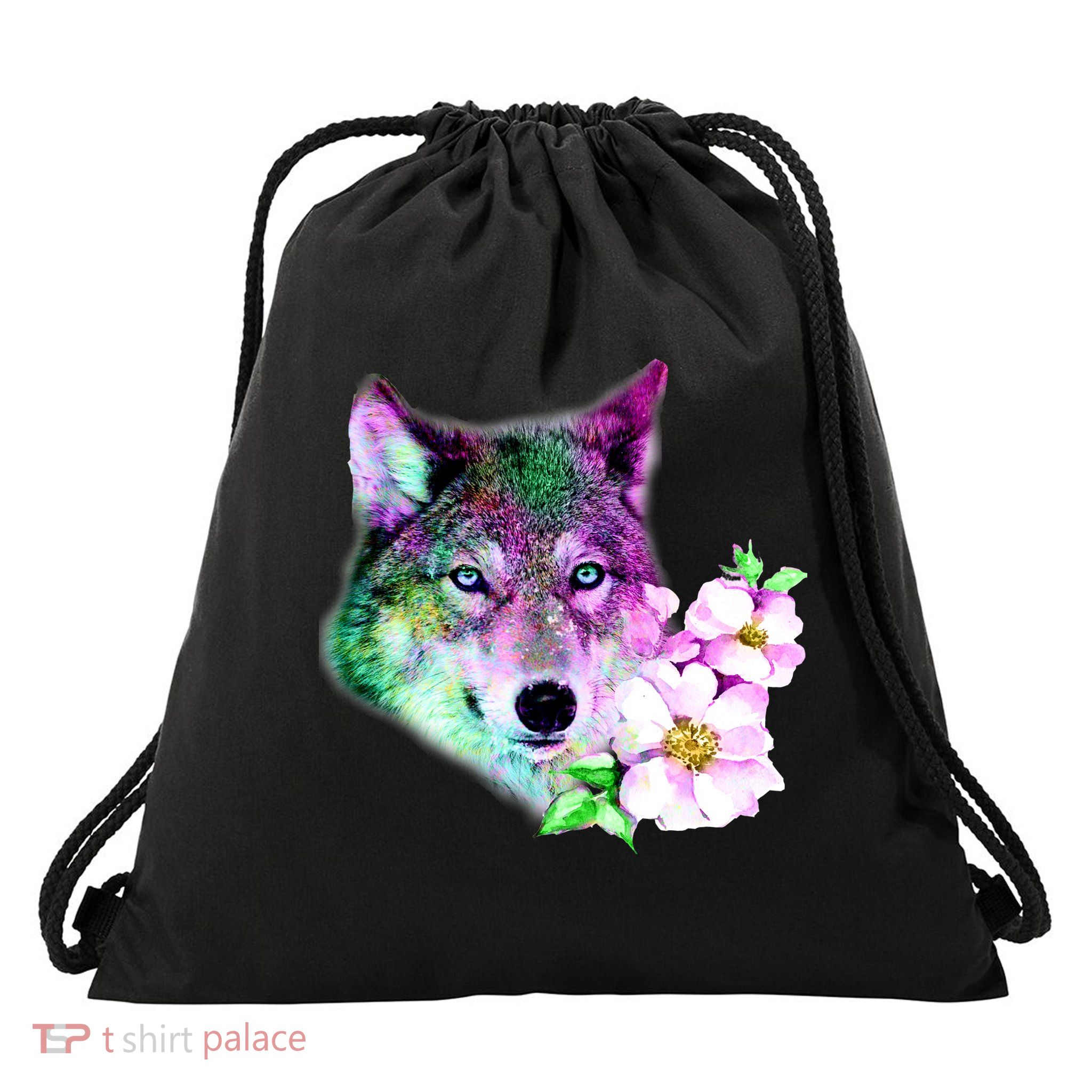 Flower Colorful Wilderness Wolf Drawstring Bag