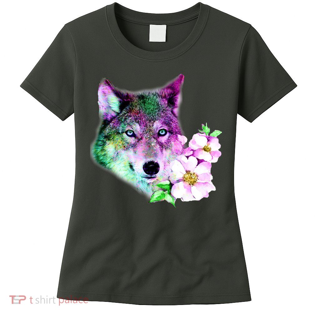 Flower Colorful Wilderness Wolf Womens T-Shirt