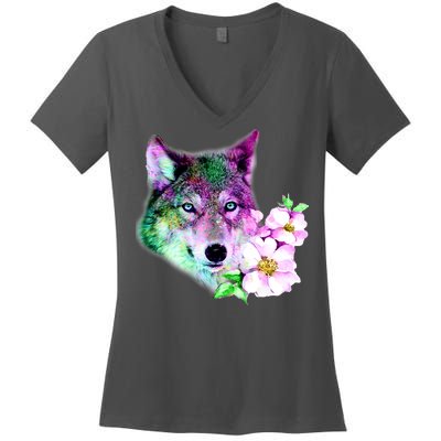 Flower Colorful Wilderness Wolf Women's V-Neck T-Shirt