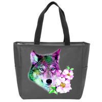 Flower Colorful Wilderness Wolf Zip Tote Bag