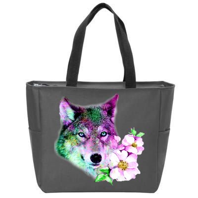 Flower Colorful Wilderness Wolf Zip Tote Bag