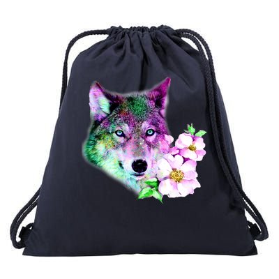 Flower Colorful Wilderness Wolf Drawstring Bag