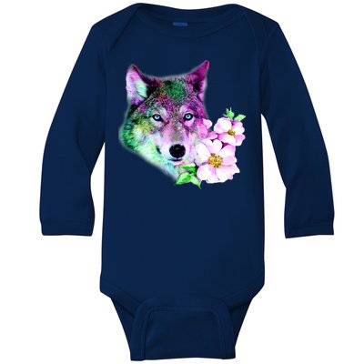 Flower Colorful Wilderness Wolf Baby Long Sleeve Bodysuit