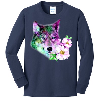 Flower Colorful Wilderness Wolf Kids Long Sleeve Shirt