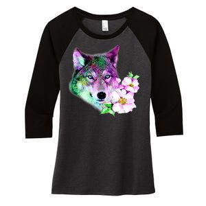 Flower Colorful Wilderness Wolf Women's Tri-Blend 3/4-Sleeve Raglan Shirt