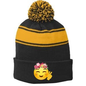 Flower Crown Emoji Stripe Pom Pom Beanie