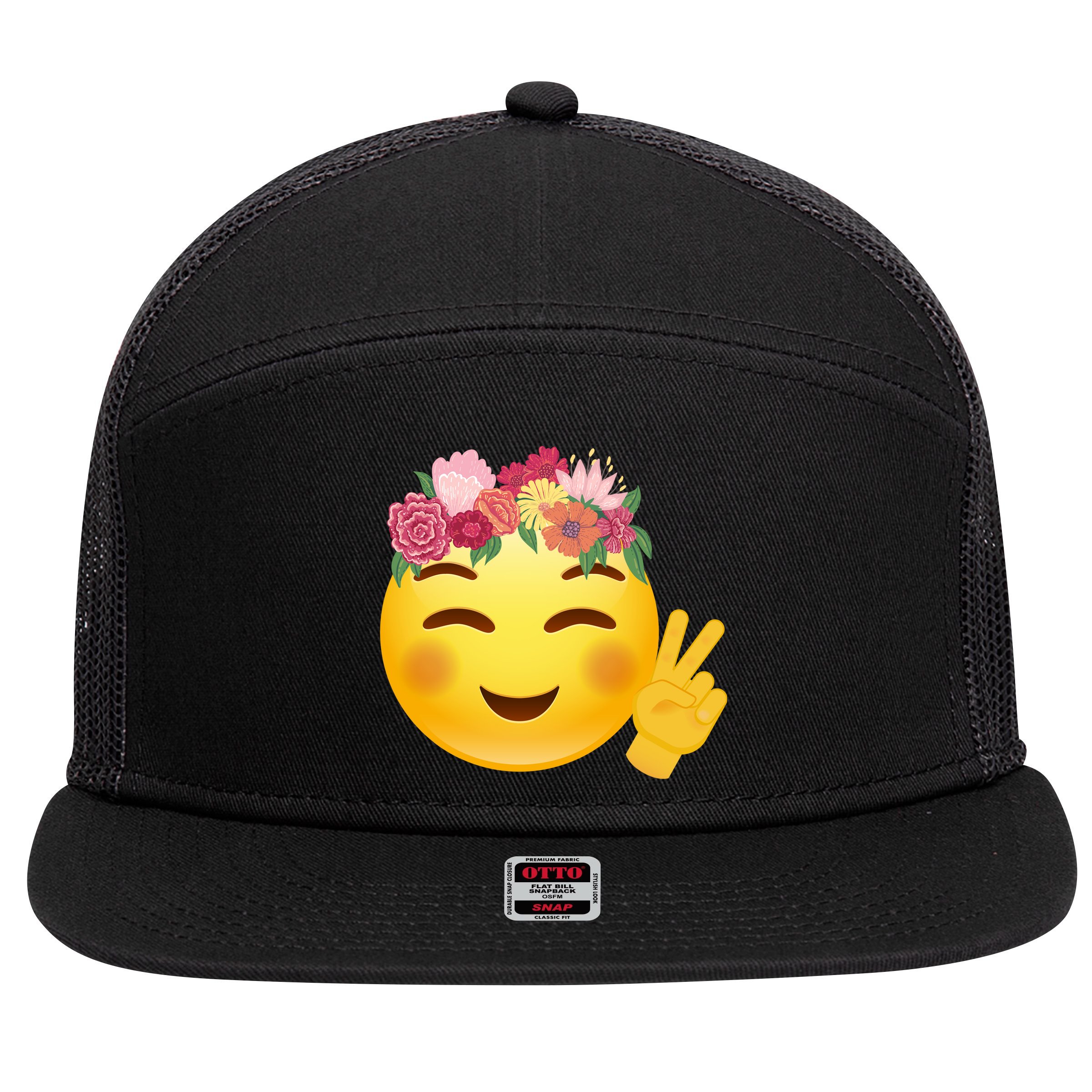 Flower Crown Emoji 7 Panel Mesh Trucker Snapback Hat
