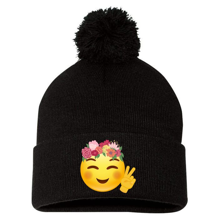 Flower Crown Emoji Pom Pom 12in Knit Beanie