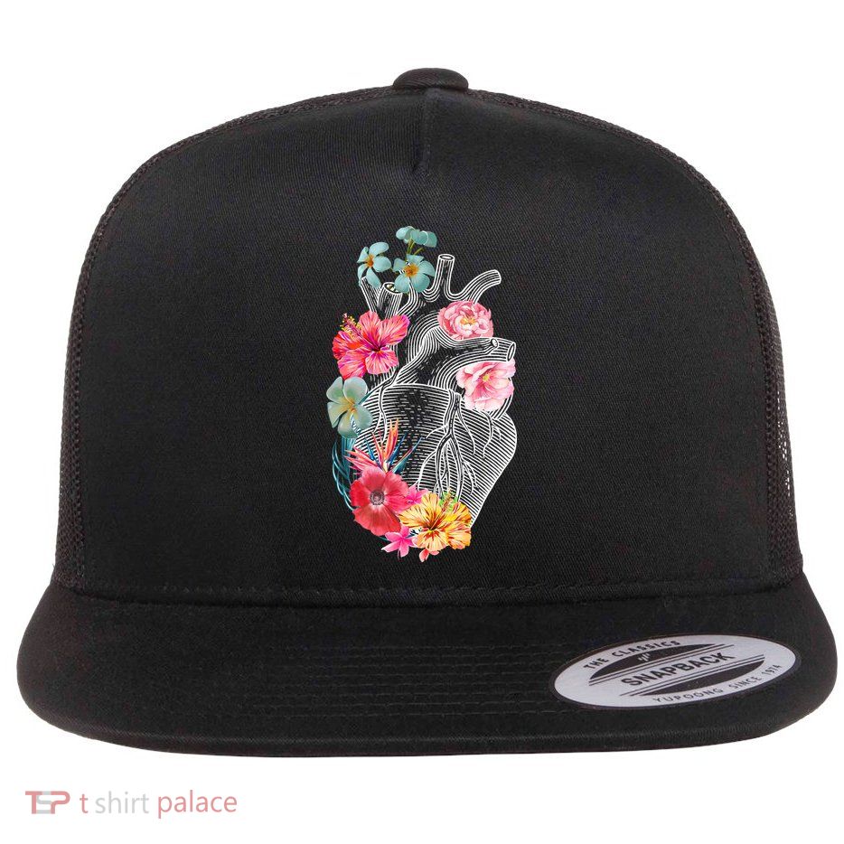 Flower Heart Floral Flat Bill Trucker Hat