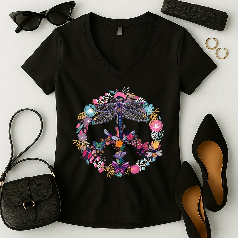 Flower Peace Bugs Women's V-Neck T-Shirt