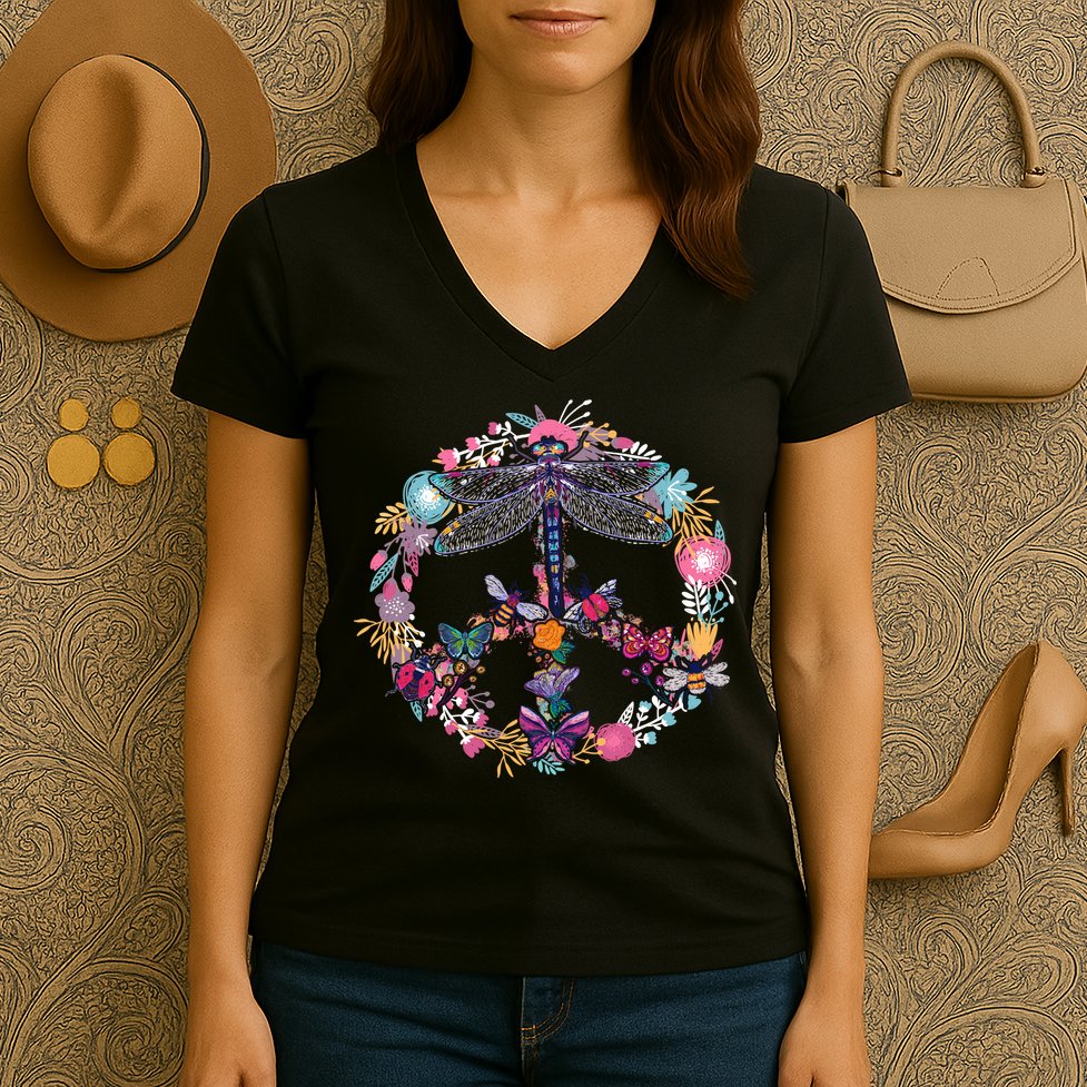 Flower Peace Bugs Women's V-Neck T-Shirt