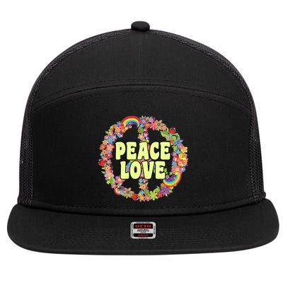 Flower Peace Love Sign 7 Panel Mesh Trucker Snapback Hat