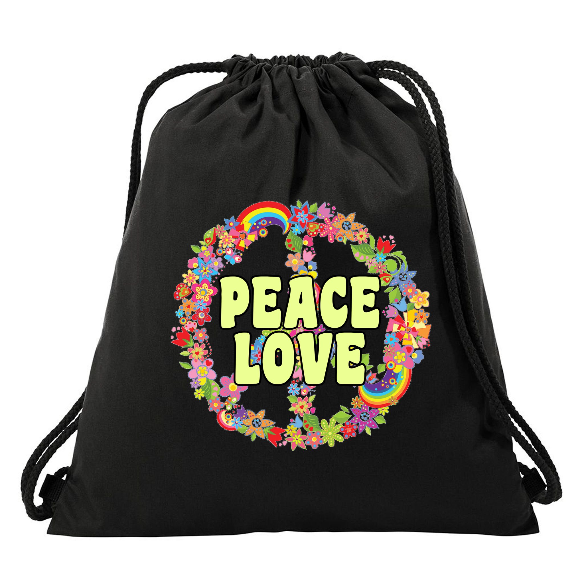 Flower Peace Love Sign Drawstring Bag