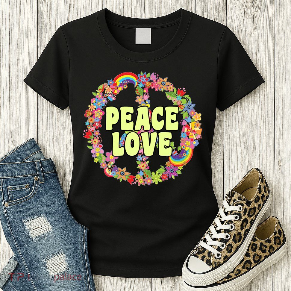 Flower Peace Love Sign Womens T-Shirt