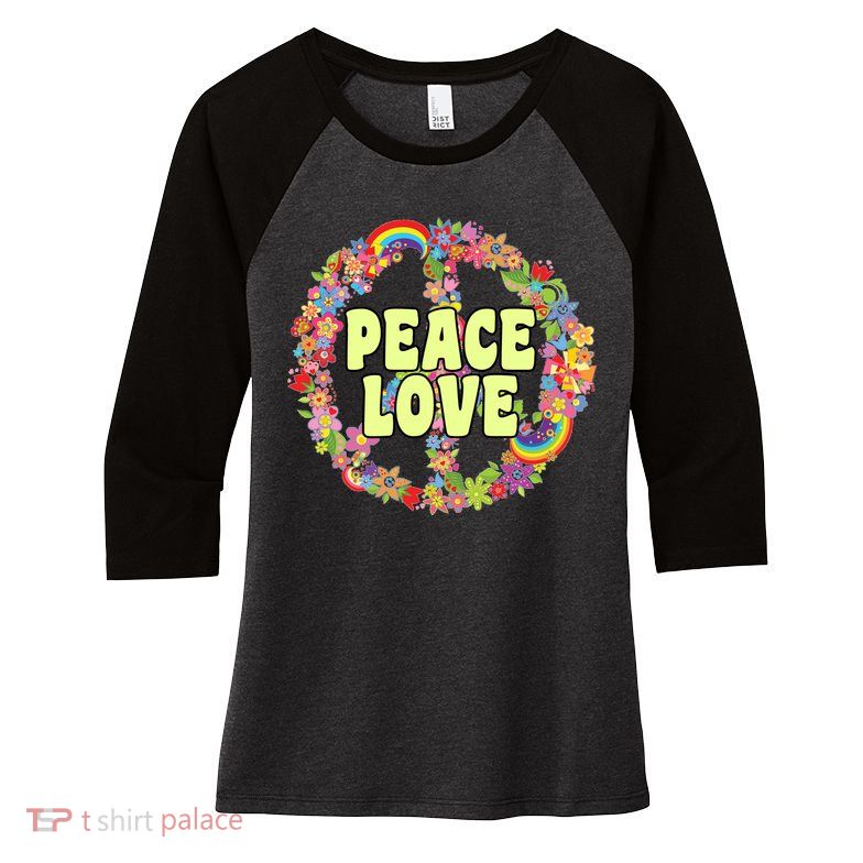 Flower Peace Love Sign Women's Tri-Blend 3/4-Sleeve Raglan Shirt
