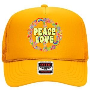 Flower Peace Love Sign High Crown Mesh Back Trucker Hat