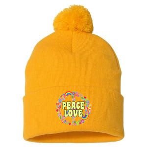 Flower Peace Love Sign Pom Pom 12in Knit Beanie