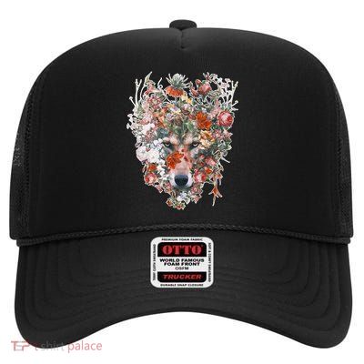 Flower Wolf Wilderness Floral High Crown Mesh Back Trucker Hat
