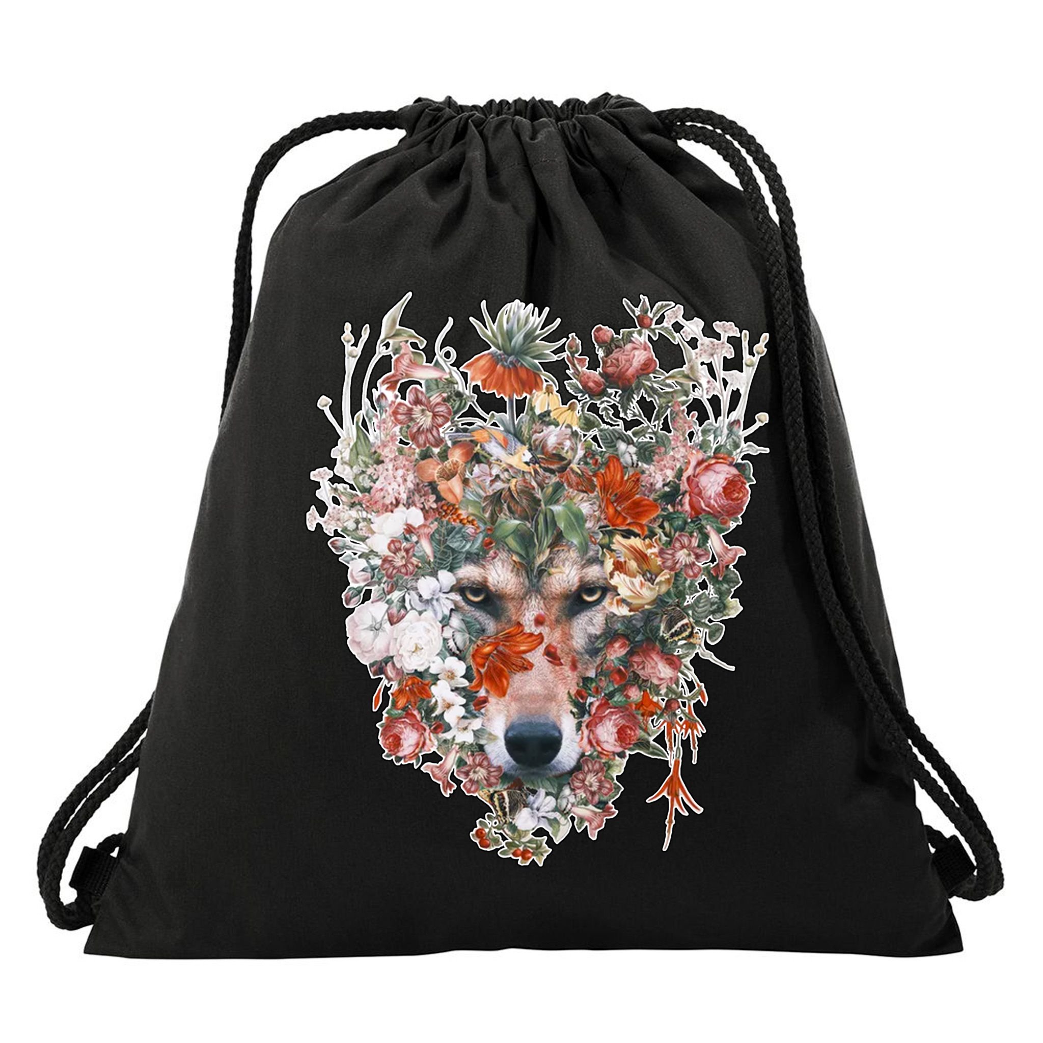 Flower Wolf Wilderness Floral Drawstring Bag