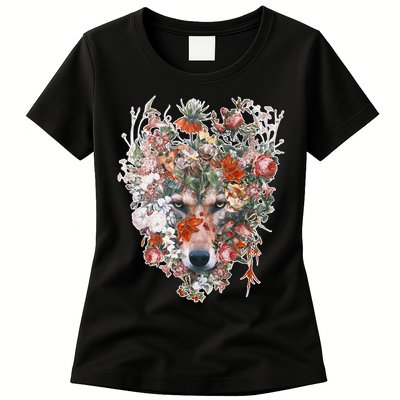 Flower Wolf Wilderness Floral Womens T-Shirt