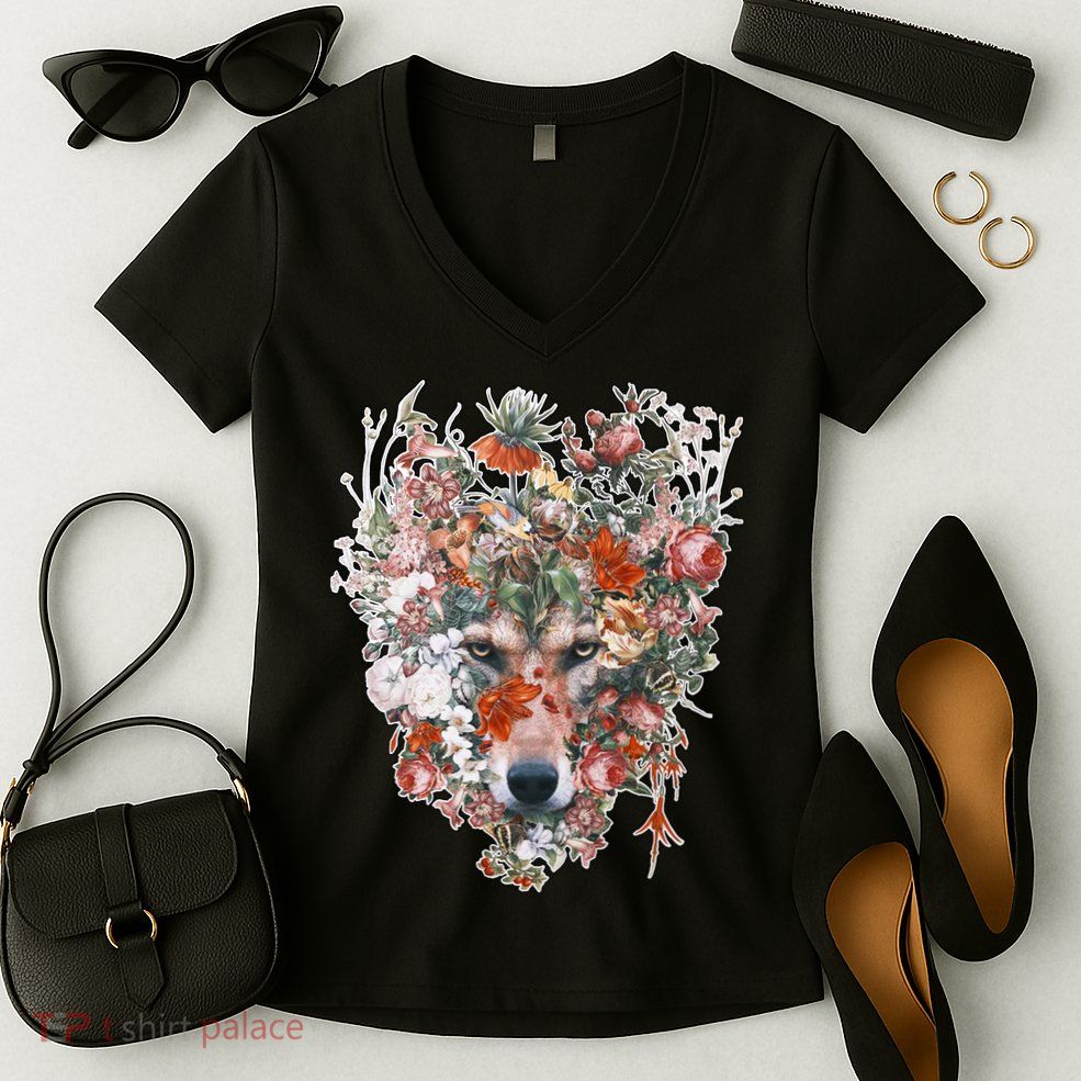 Flower Wolf Wilderness Floral Women's V-Neck T-Shirt