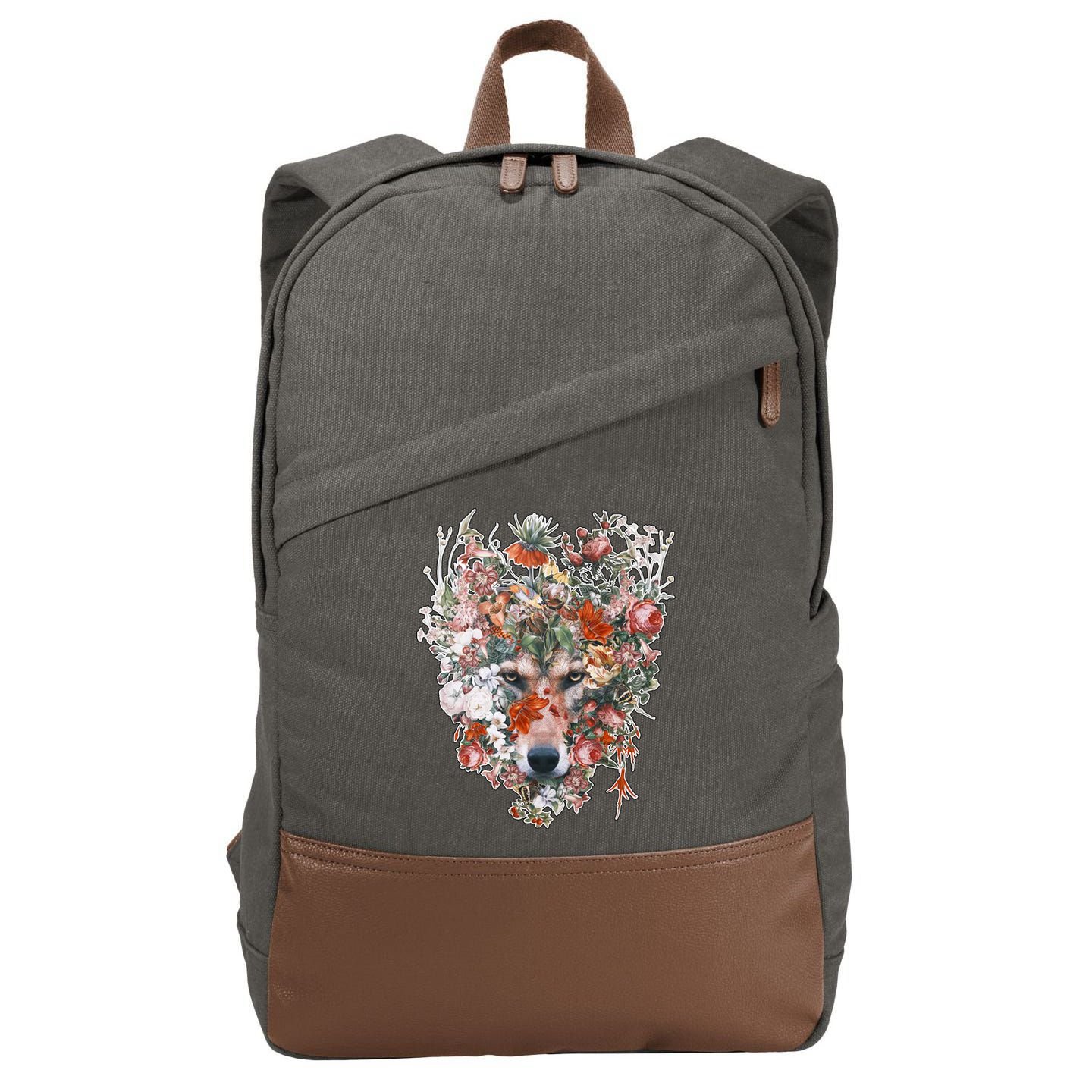 Flower Wolf Wilderness Floral Cotton Canvas Backpack