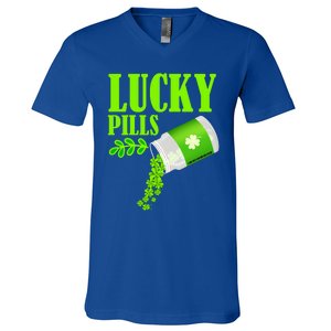 Funny Lucky Pills With Shamrock Clover St Patty's Day Cool Gift V-Neck T-Shirt