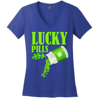 Funny Lucky Pills With Shamrock Clover St Patty's Day Cool Gift Women's V-Neck T-Shirt