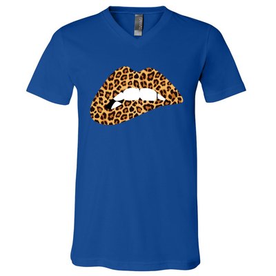 Funny Leopard Print Lips Biting Bite Me Funny Gift Cute Gift V-Neck T-Shirt