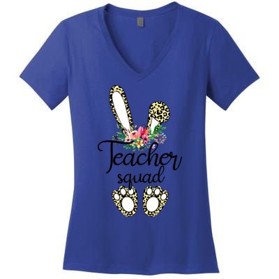 Funny Leopard Print Bunny Teacher Squad Happy Easter Day Cute Gift Women's V-Neck T-Shirt