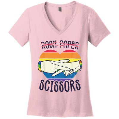 Funny Lesbian Pride Flag Rock Paper Scissors Lesbian Pride Women's V-Neck T-Shirt