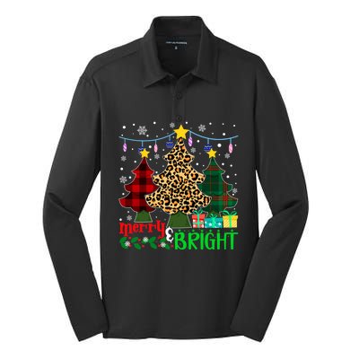 Funny Leopard Plaid Christmas Trees Merry And Bright Gift Silk Touch Performance Long Sleeve Polo