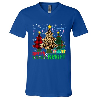 Funny Leopard Plaid Christmas Trees Merry And Bright Gift V-Neck T-Shirt