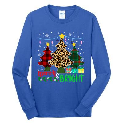 Funny Leopard Plaid Christmas Trees Merry And Bright Gift Tall Long Sleeve T-Shirt