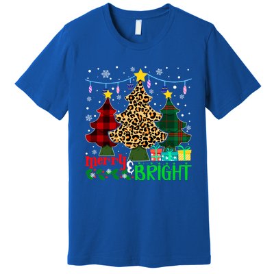 Funny Leopard Plaid Christmas Trees Merry And Bright Gift Premium T-Shirt