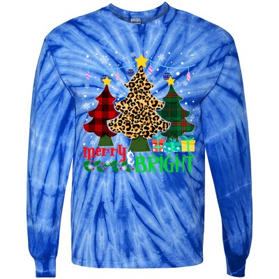 Funny Leopard Plaid Christmas Trees Merry And Bright Gift Tie-Dye Long Sleeve Shirt