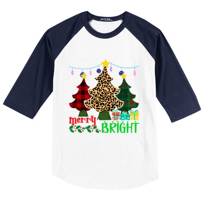 Funny Leopard Plaid Christmas Trees Merry And Bright Gift Baseball Sleeve Shirt